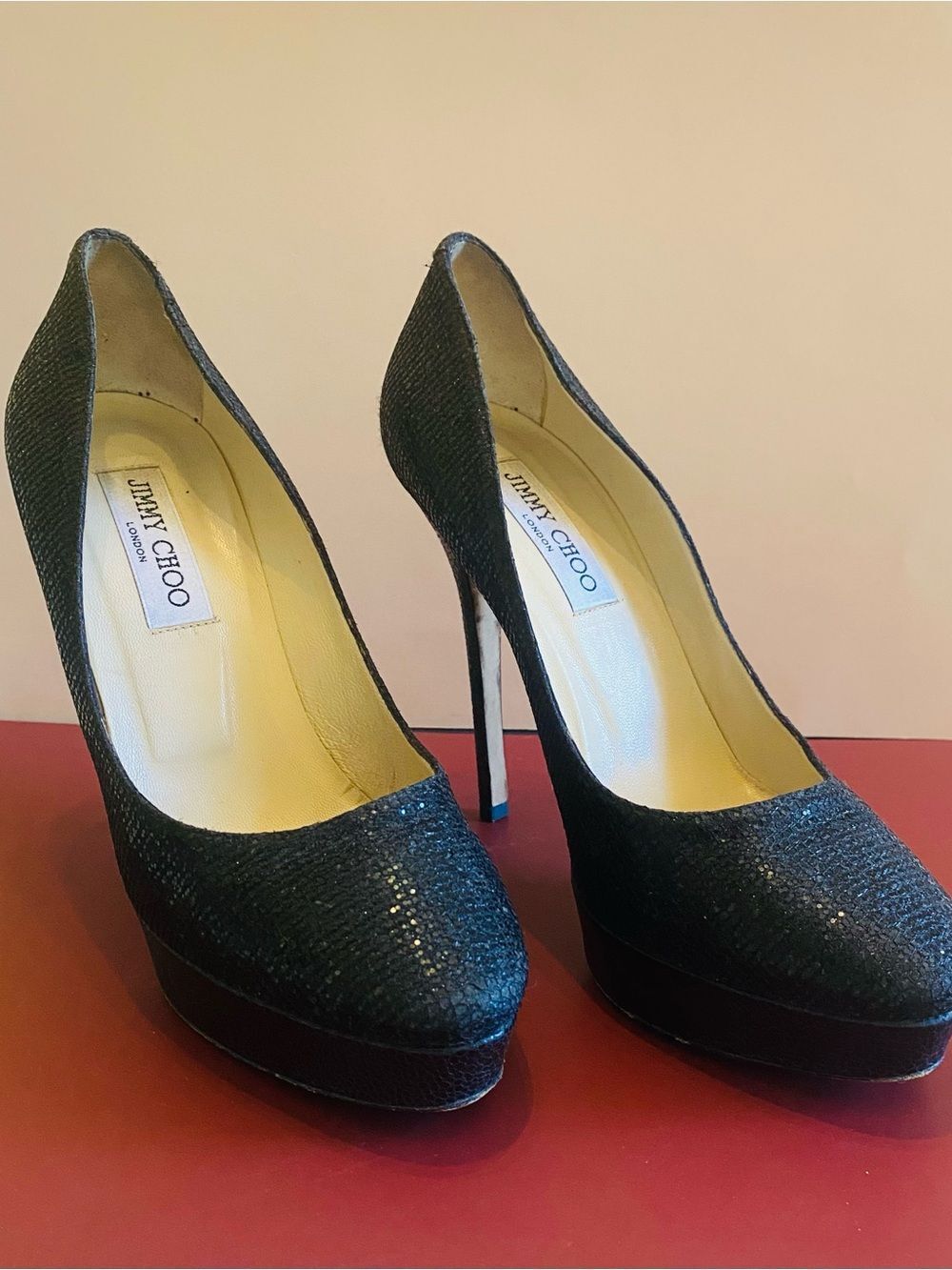 🛍️ Jimmy Choo Authentic Cosmic Black Sequin Platform Pumps W/Box & Dust Bag